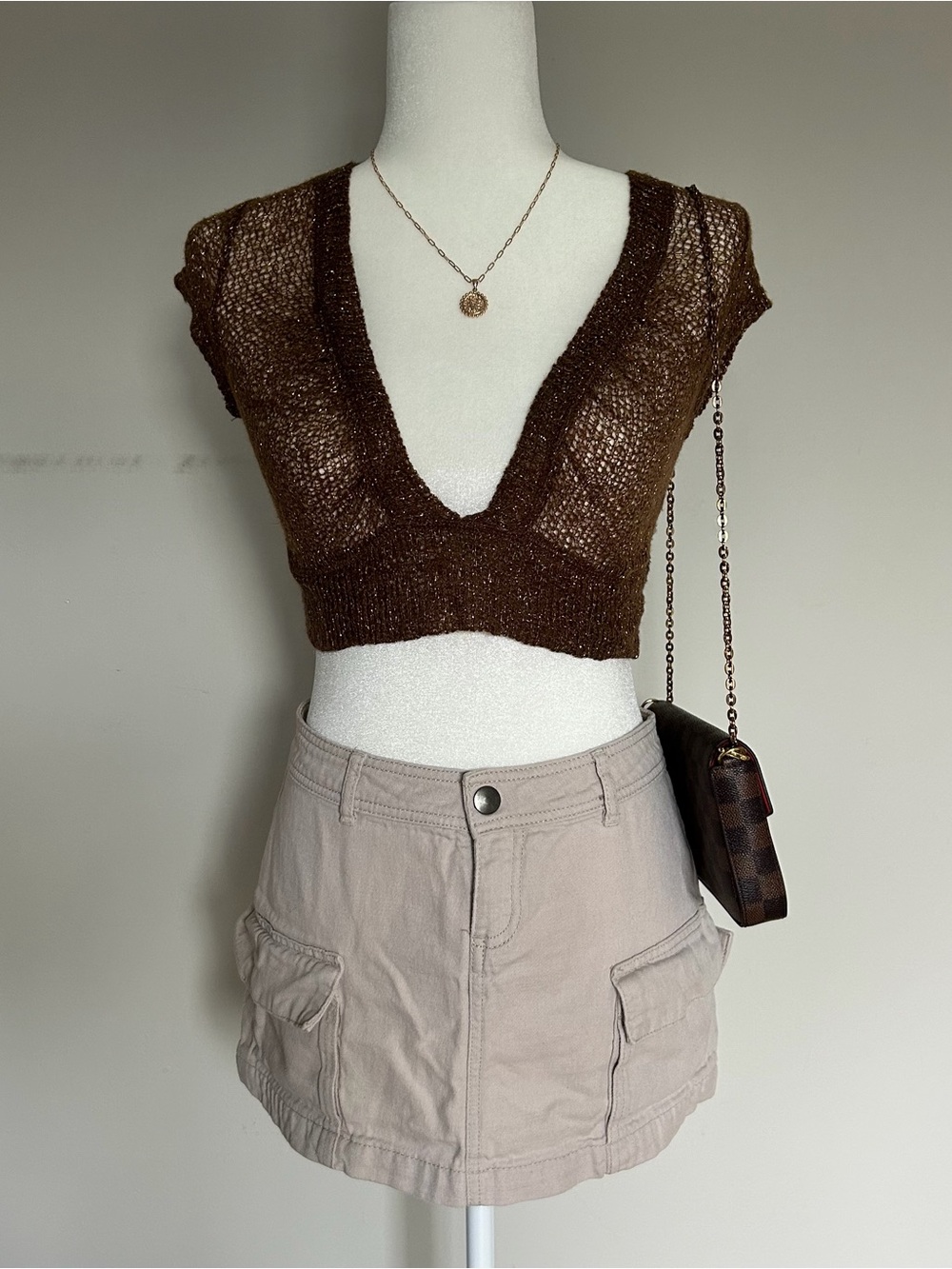 Brown Knit Deep V Crop Top - Brand Unspecified